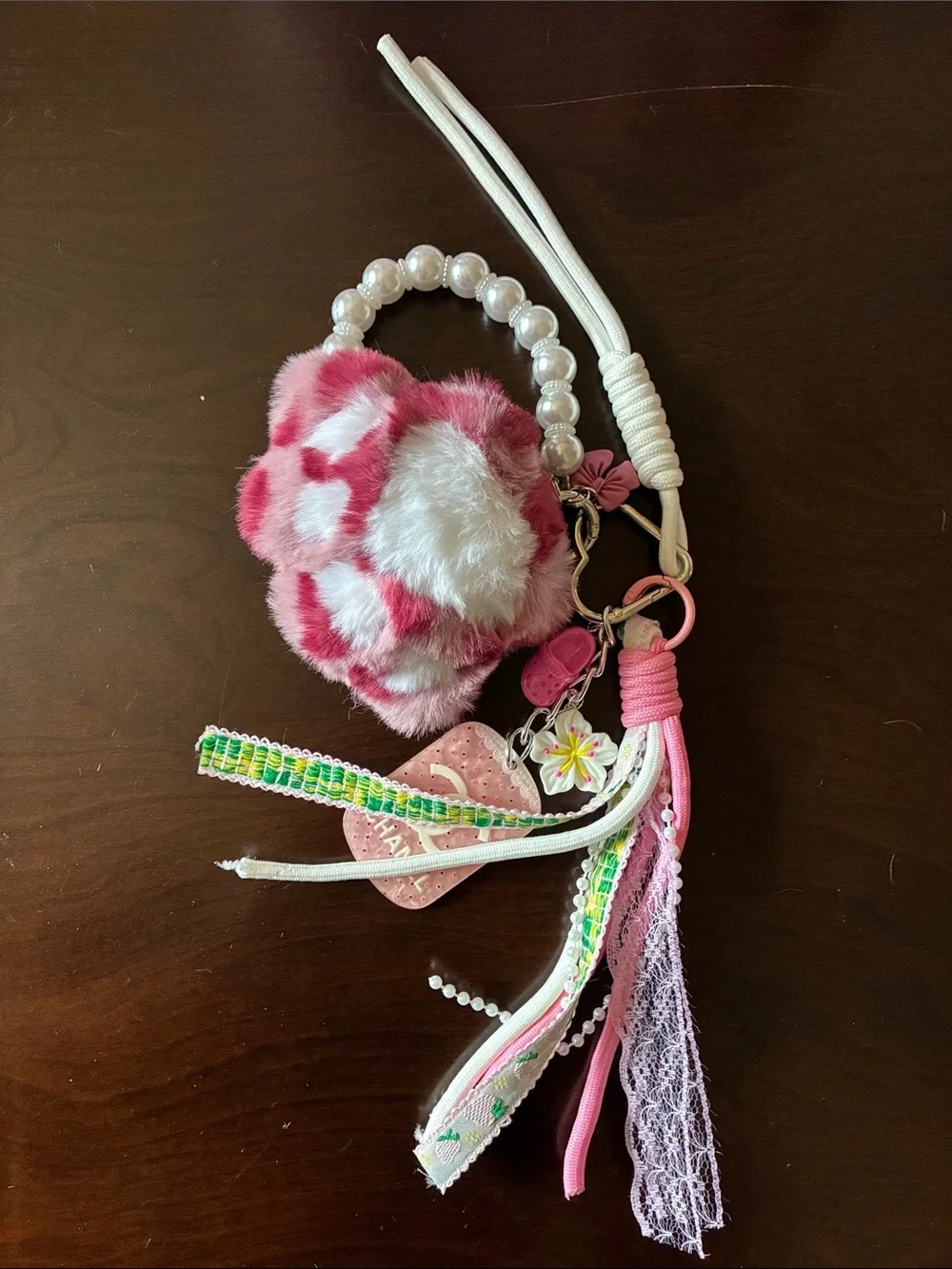 Pink & White Fur Pom-Pom Bag Charm with Pearl Strap Keychain